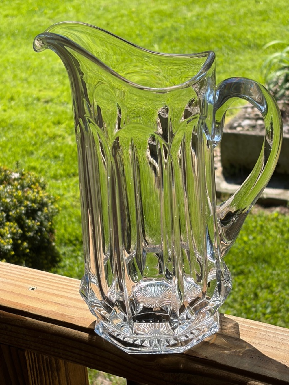 Vintage Clear Glass Pitcher Paneled Starburst Base Scalloped Rim Farmhouse Vase